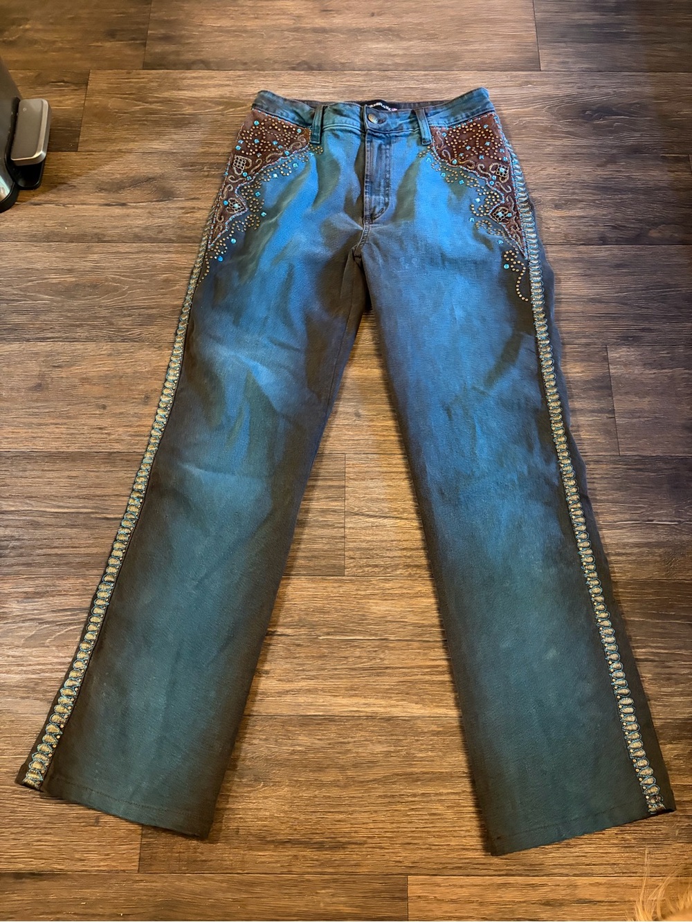 Brazil Roxx Women’s Y2K Western Bling Blue & Brown Patina Wash Jeans BR 44/US 8 - Picture 2 of 9